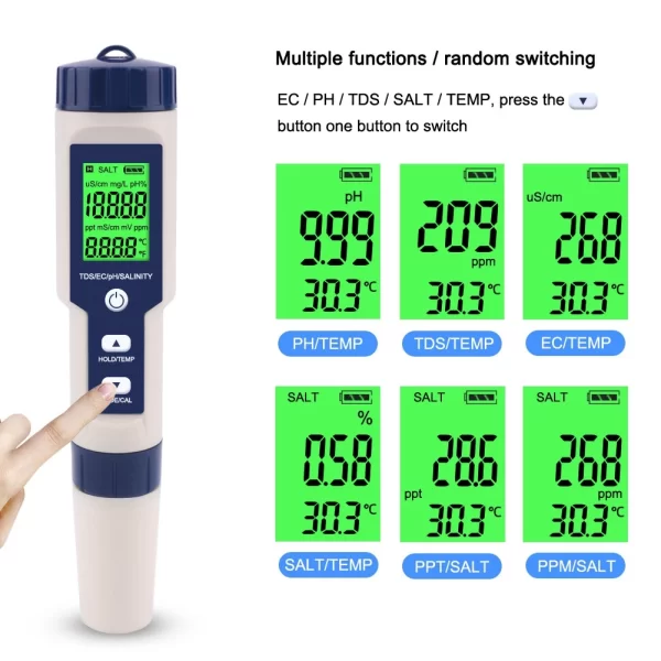 "PEN TYPE PH METER - 5 IN 1 TDS/EC//PH/SALTTEMP " - Image 2