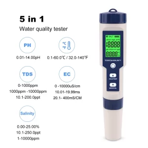 "PEN TYPE PH METER - 5 IN 1 TDS/EC//PH/SALTTEMP "