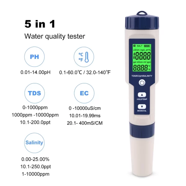"PEN TYPE PH METER - 5 IN 1 TDS/EC//PH/SALTTEMP "